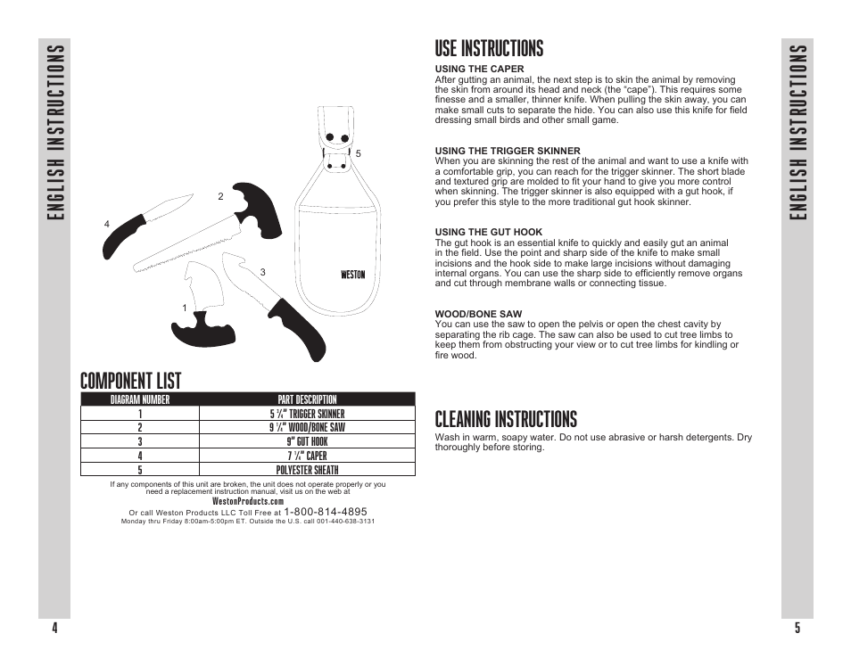 English instructions, Use instructions cleaning instructions, English instructions component list | Weston 4 Piece Field Knife Set User Manual | Page 3 / 11
