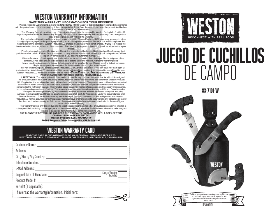 Juego de cuchillos, De campo, De 4 piezas | Weston warranty information, Weston warranty card, 7101-w | Weston 4 Piece Field Knife Set User Manual | Page 4 / 11