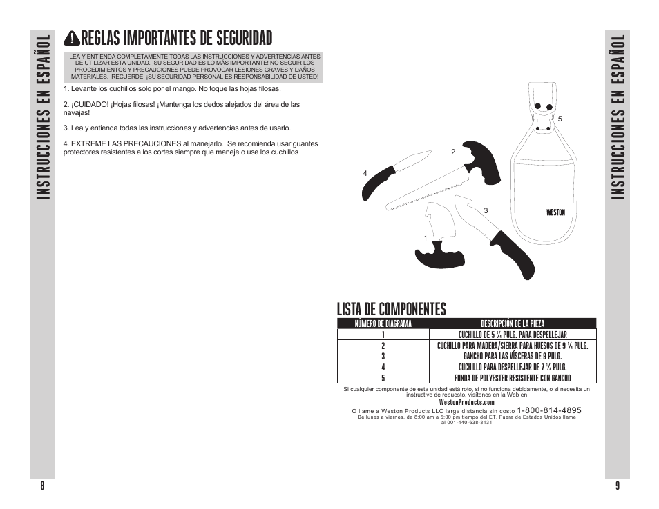 Reglas importantes de seguridad, Lista de componentes | Weston 4 Piece Field Knife Set User Manual | Page 5 / 11
