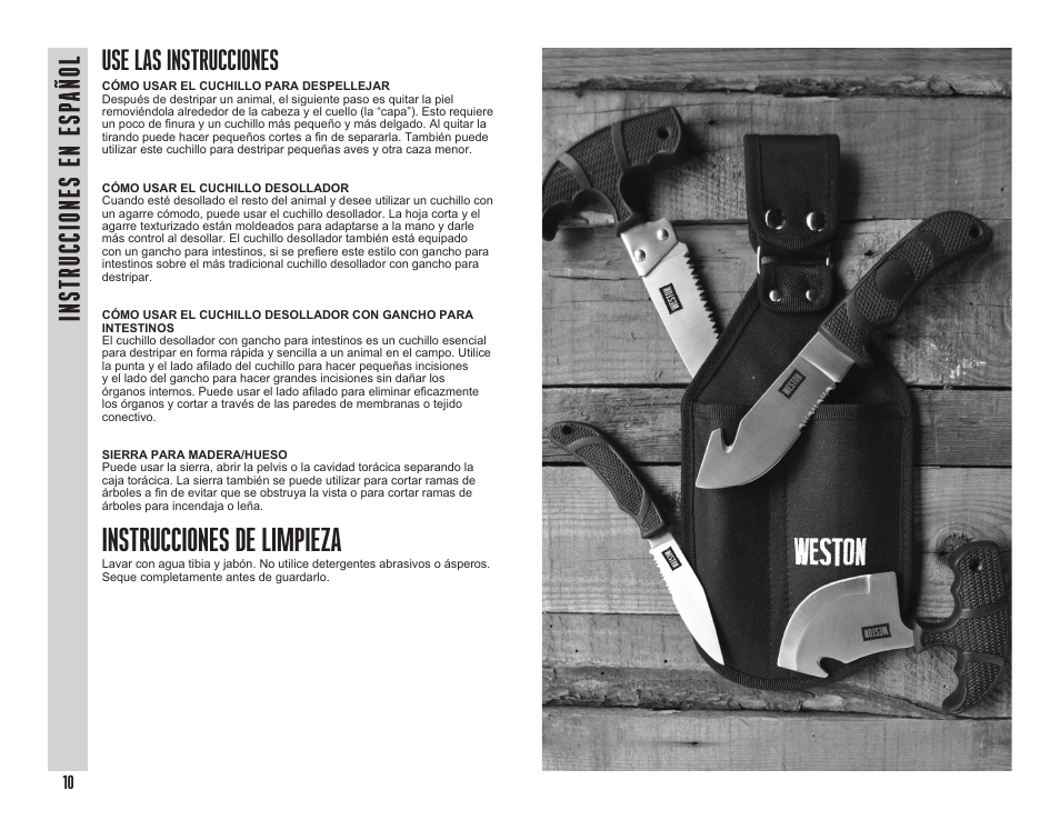 Instrucciones de limpieza, Use las instrucciones | Weston 4 Piece Field Knife Set User Manual | Page 6 / 11