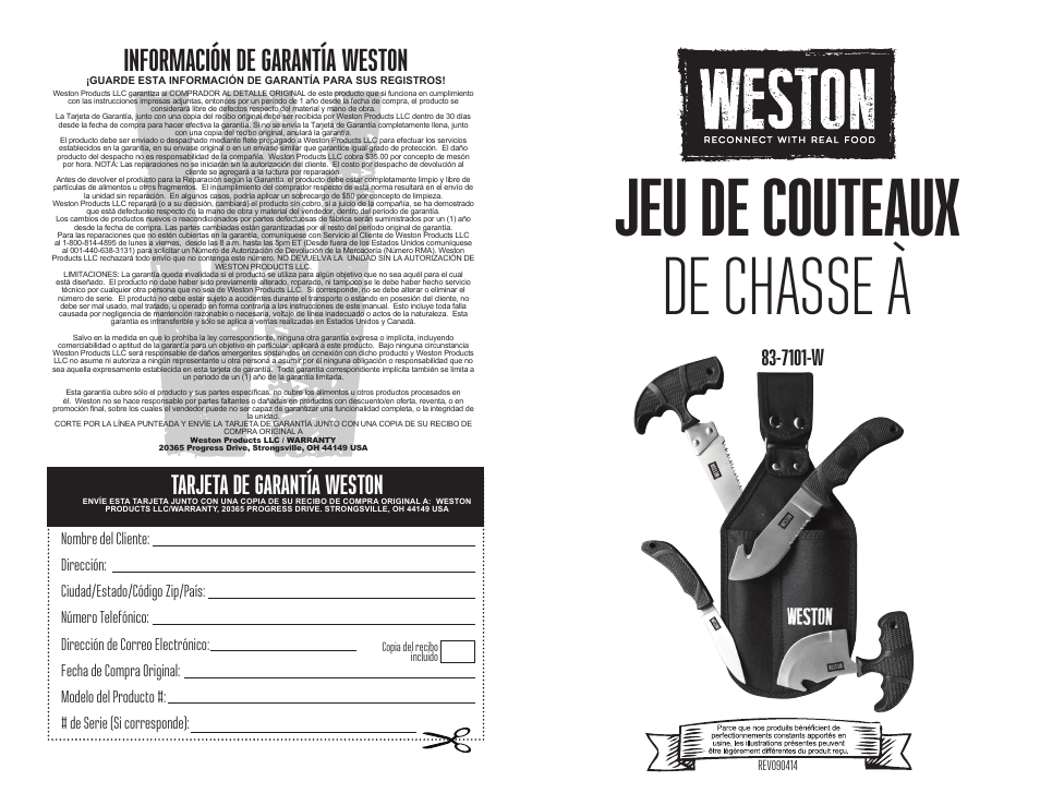 Jeu de couteaux, De chasse à, 4 morceaux | Información de garantía weston, Tarjeta de garantía weston, 7101-w | Weston 4 Piece Field Knife Set User Manual | Page 7 / 11
