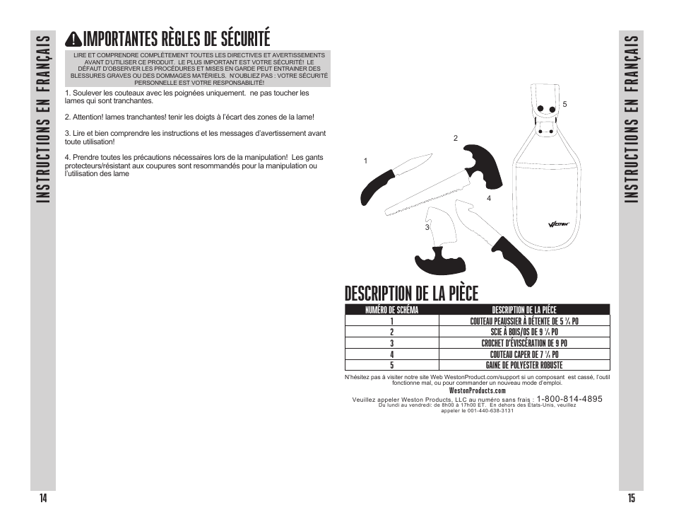 Description de la pièce, Importantes règles de sécurité, Instructions en français | Weston 4 Piece Field Knife Set User Manual | Page 8 / 11