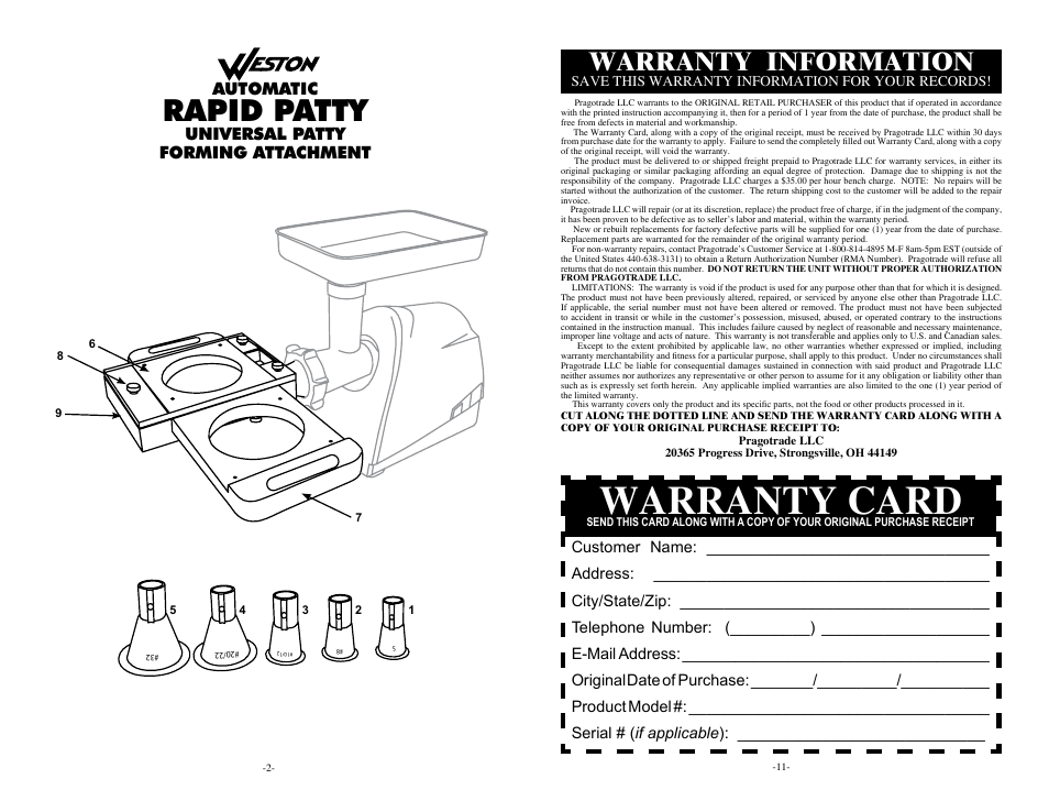 Warranty card, Rapid patty, Warranty information | Automatic, Universal patty forming attachment | Weston Automatic Rapid Patty Attachment User Manual | Page 2 / 6
