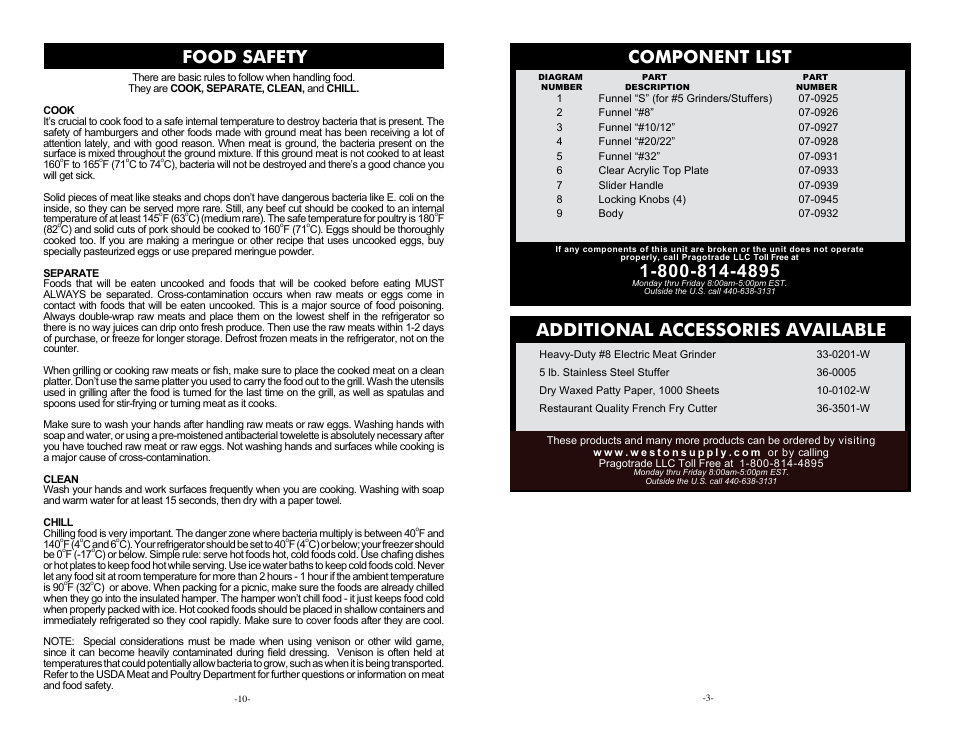 Component list, Food safety, Additional accessories available | Weston Automatic Rapid Patty Attachment User Manual | Page 3 / 6