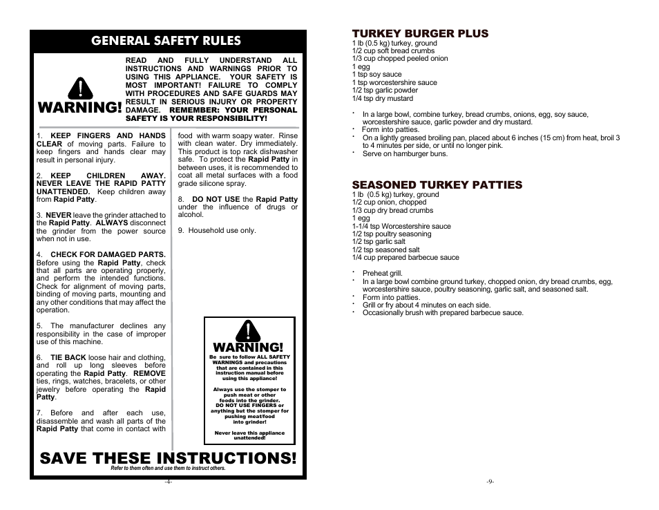 Save these instructions, Warning, General safety rules | Turkey burger plus, Seasoned turkey patties | Weston Automatic Rapid Patty Attachment User Manual | Page 4 / 6