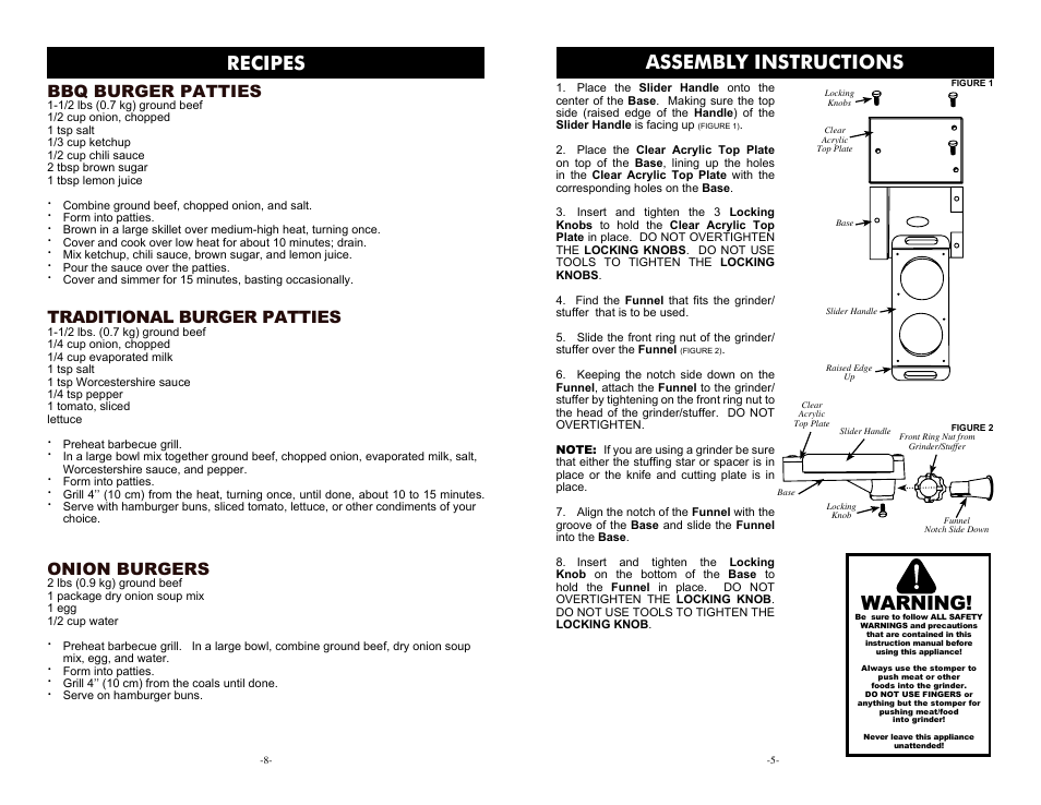 Assembly instructions, Warning, Recipes | Bbq burger patties, Traditional burger patties, Onion burgers | Weston Automatic Rapid Patty Attachment User Manual | Page 5 / 6