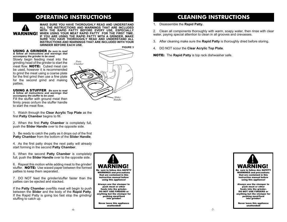 Warning! cleaning instructions, Operating instructions, Warning | Weston Automatic Rapid Patty Attachment User Manual | Page 6 / 6