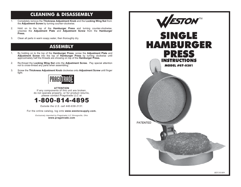 Weston Non-Stick Single Hamburger Press User Manual | 2 pages