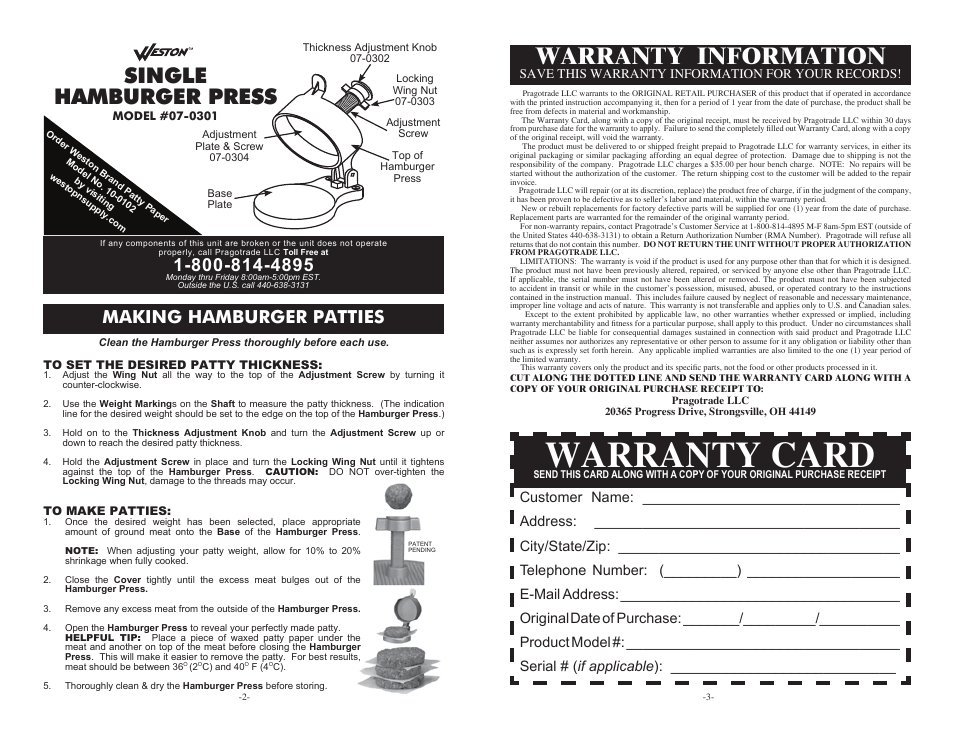 Warranty card, Warranty information, Single hamburger press | Making hamburger patties, Save this warranty information for your records | Weston Non-Stick Single Hamburger Press User Manual | Page 2 / 2