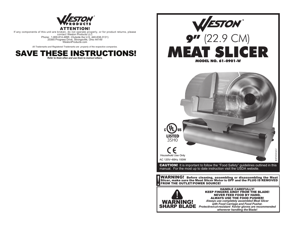Weston 9" Meat Slicer User Manual | 6 pages