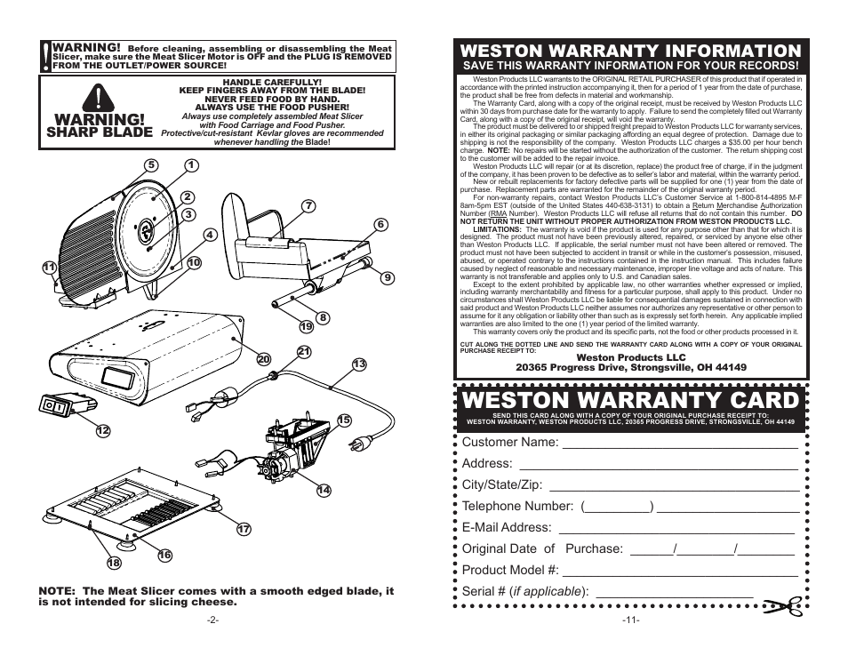 Weston warranty card, Weston warranty information, Sharp blade | Warning | Weston 9" Meat Slicer User Manual | Page 2 / 6