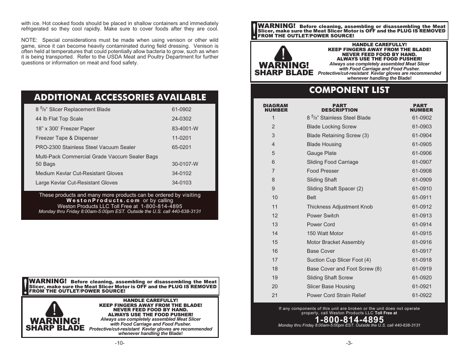 Component list, Additional accessories available, Warning | Sharp blade | Weston 9" Meat Slicer User Manual | Page 3 / 6
