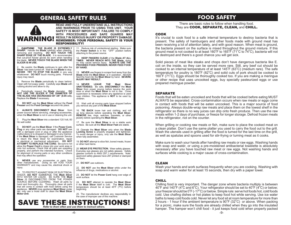 Save these instructions, Warning, General safety rules | Food safety | Weston 9" Meat Slicer User Manual | Page 4 / 6