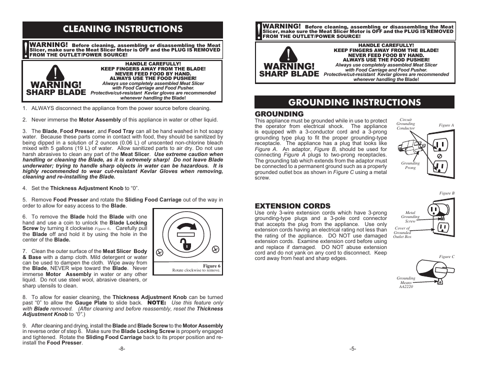 Grounding instructions cleaning instructions, Warning, Sharp blade | Grounding, Extension cords | Weston 9" Meat Slicer User Manual | Page 5 / 6
