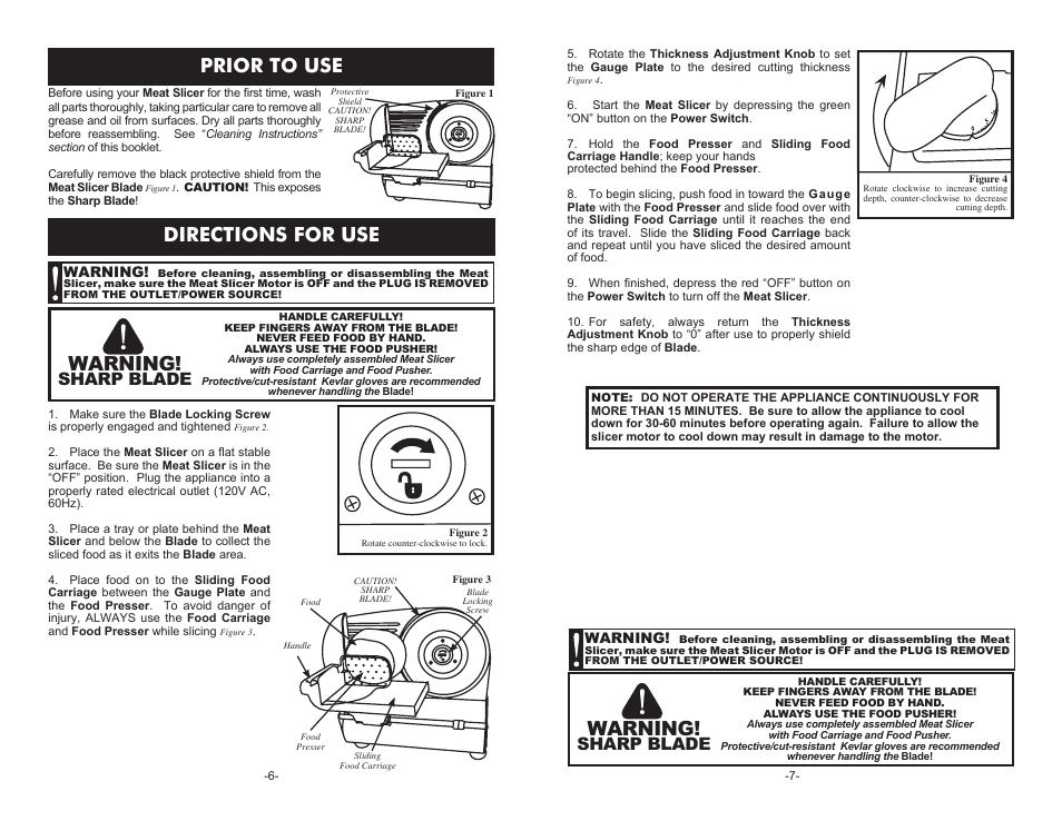Directions for use, Warning, Prior to use | Sharp blade | Weston 9" Meat Slicer User Manual | Page 6 / 6