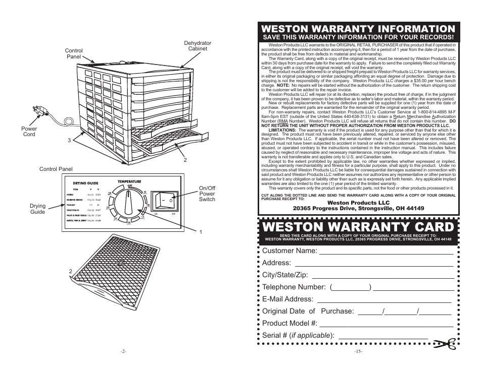 Weston warranty card, Weston warranty information | Weston Food Dehydrators User Manual | Page 2 / 8