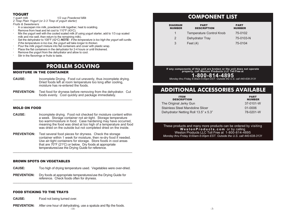 Component list, Problem solving, Additional accessories available | Weston Food Dehydrators User Manual | Page 3 / 8