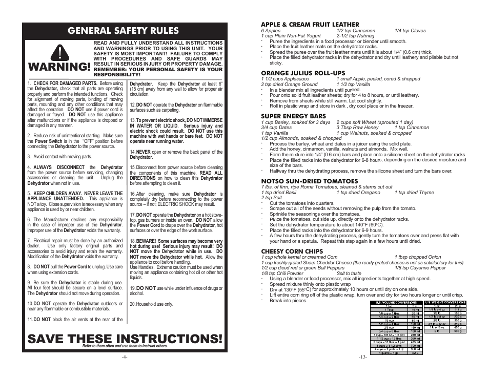 Save these instructions, Warning, General safety rules | Weston Food Dehydrators User Manual | Page 4 / 8