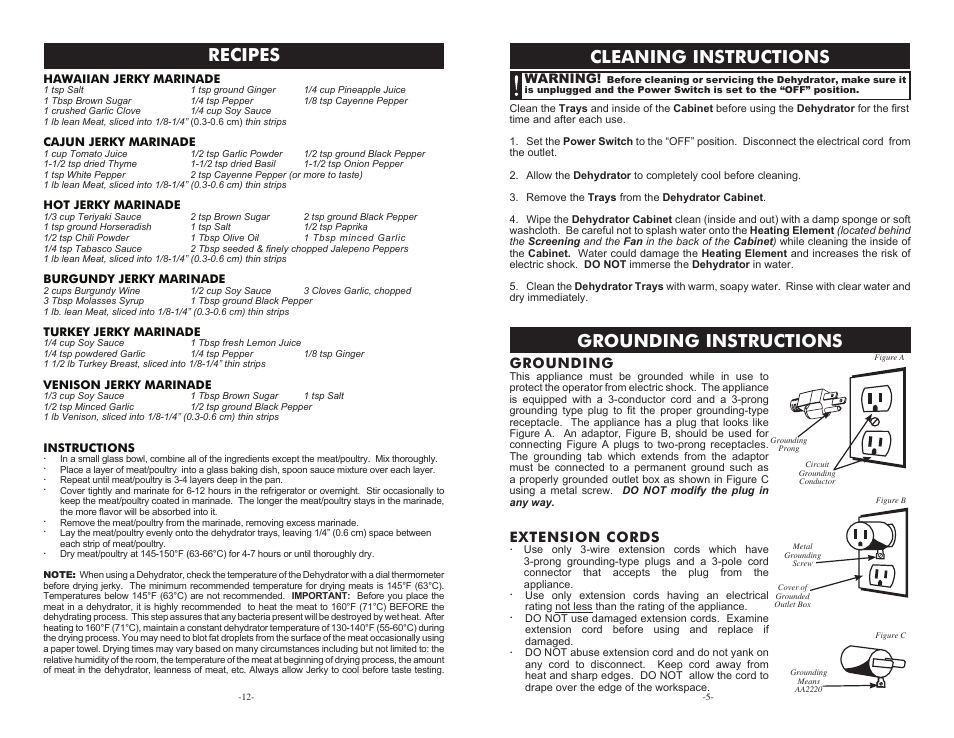 Cleaning instructions grounding instructions, Recipes, Grounding | Extension cords | Weston Food Dehydrators User Manual | Page 5 / 8