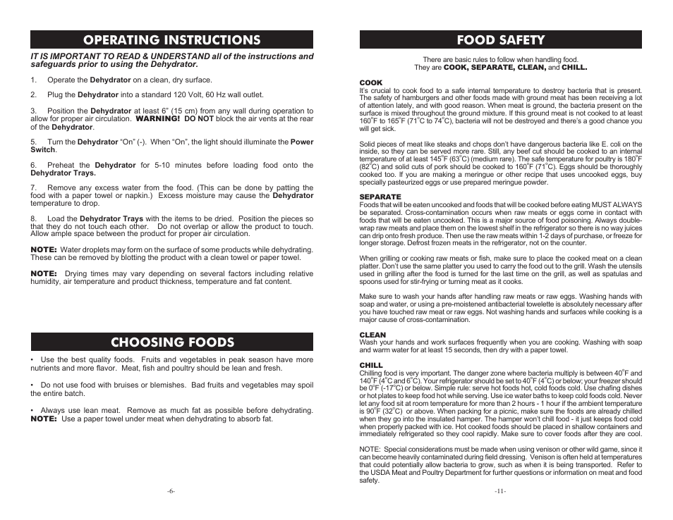 Operating instructions choosing foods, Food safety | Weston Food Dehydrators User Manual | Page 6 / 8