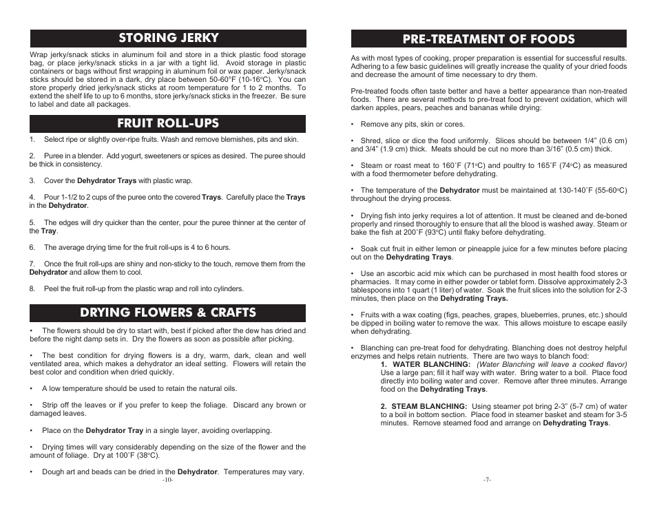 Pre-treatment of foods, Storing jerky drying flowers & crafts, Fruit roll-ups | Weston Food Dehydrators User Manual | Page 7 / 8