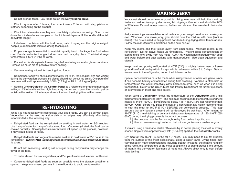 Tips, Re-hydrating making jerky | Weston Food Dehydrators User Manual | Page 8 / 8