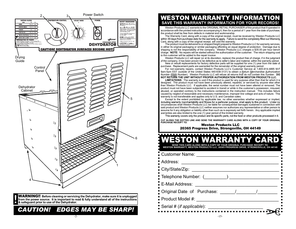 Weston warranty card, Caution! edges may be sharp, Weston warranty information | Weston Stainless Steel Dehydrator User Manual | Page 2 / 8