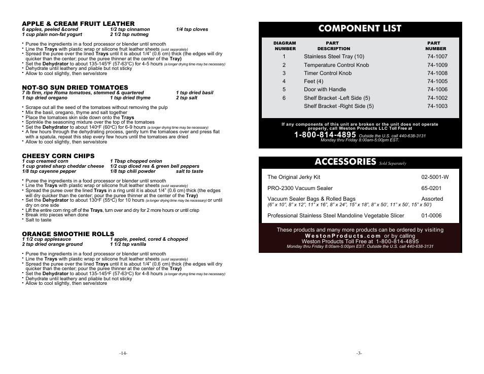 Component list, Accessories | Weston Stainless Steel Dehydrator User Manual | Page 3 / 8