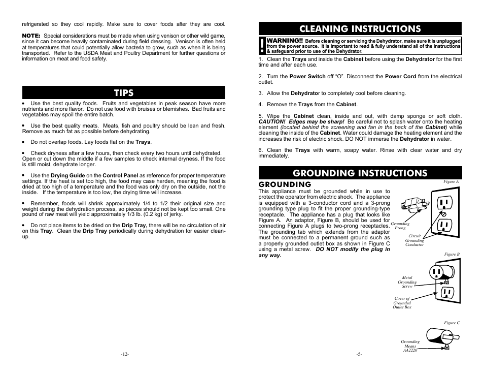 Grounding instructions, Cleaning instructions, Tips | Grounding | Weston Stainless Steel Dehydrator User Manual | Page 5 / 8