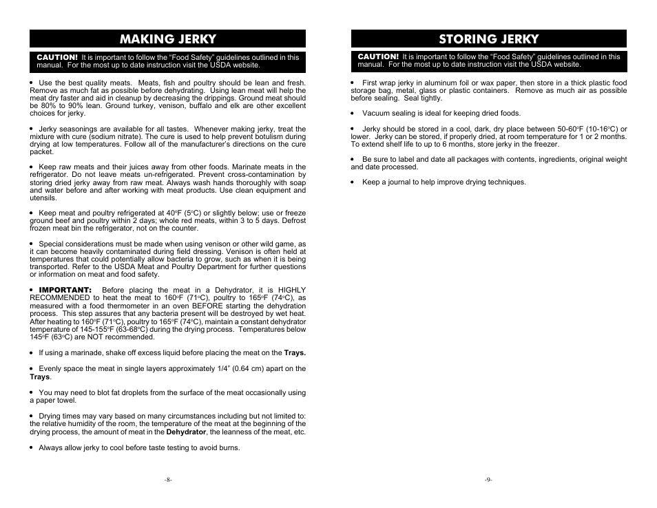 Making jerky, Storing jerky | Weston Stainless Steel Dehydrator User Manual | Page 8 / 8