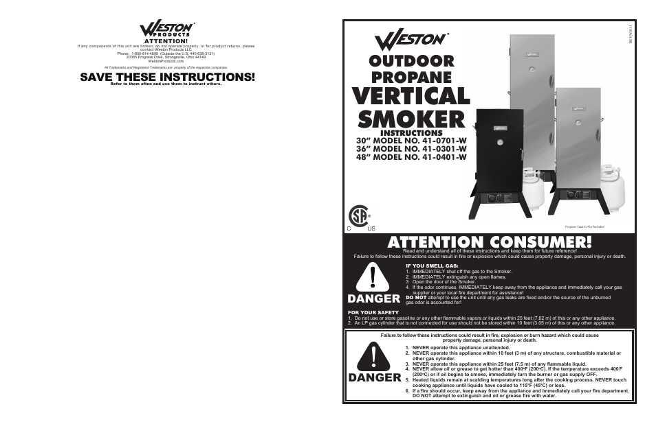 Weston Outdoor Propane Vertical Smokers User Manual | 10 pages