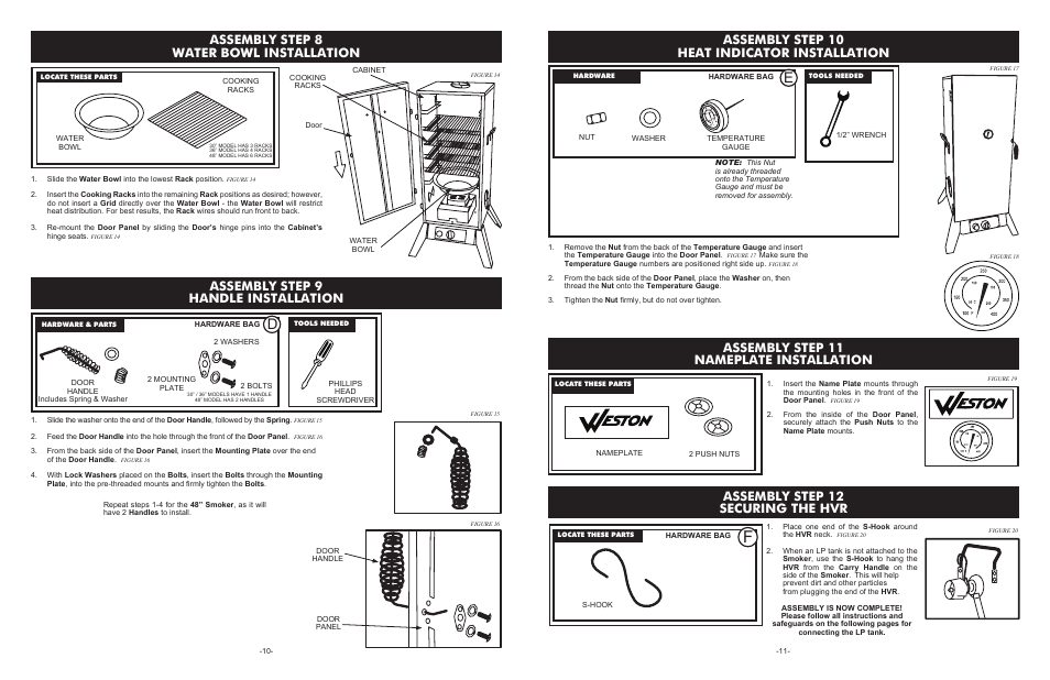 Assembly step 8 water bowl installation, Assembly step 9 handle installation, Assembly step 10 heat indicator installation | Assembly step 11 nameplate installation, Assembly step 12 securing the hvr | Weston Outdoor Propane Vertical Smokers User Manual | Page 10 / 10