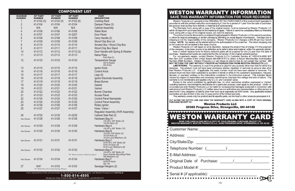 Component list | Weston Outdoor Propane Vertical Smokers User Manual | Page 2 / 10