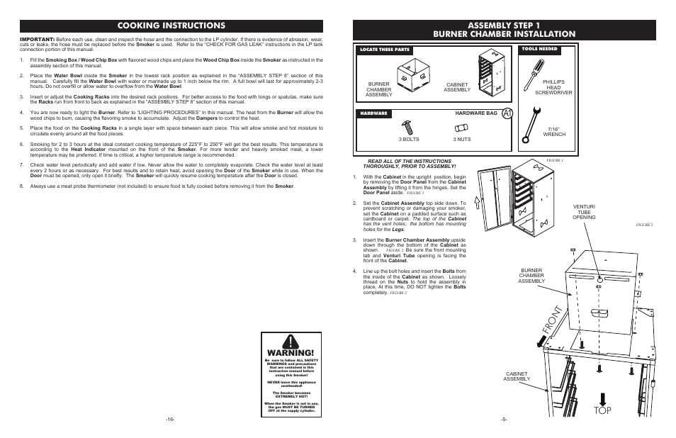 Top fr o n t, Assembly step 1 burner chamber installation, Cooking instructions | Warning | Weston Outdoor Propane Vertical Smokers User Manual | Page 5 / 10