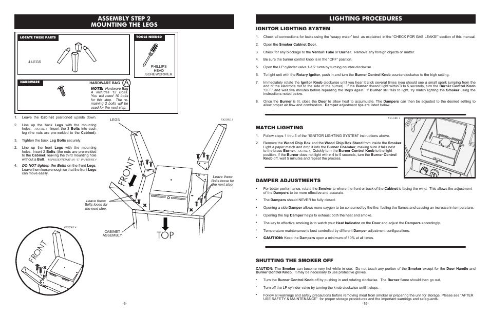 Top front, Fr o n t, Assembly step 2 mounting the legs | Lighting procedures, Ignitor lighting system, Match lighting, Damper adjustments, Shutting the smoker off | Weston Outdoor Propane Vertical Smokers User Manual | Page 6 / 10