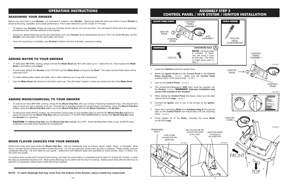 Top front, Operating instructions, Seasoning your smoker | Adding water to your smoker, Adding wood/charcoal to your smoker, Wood flavor choices for your smoker | Weston Outdoor Propane Vertical Smokers User Manual | Page 7 / 10