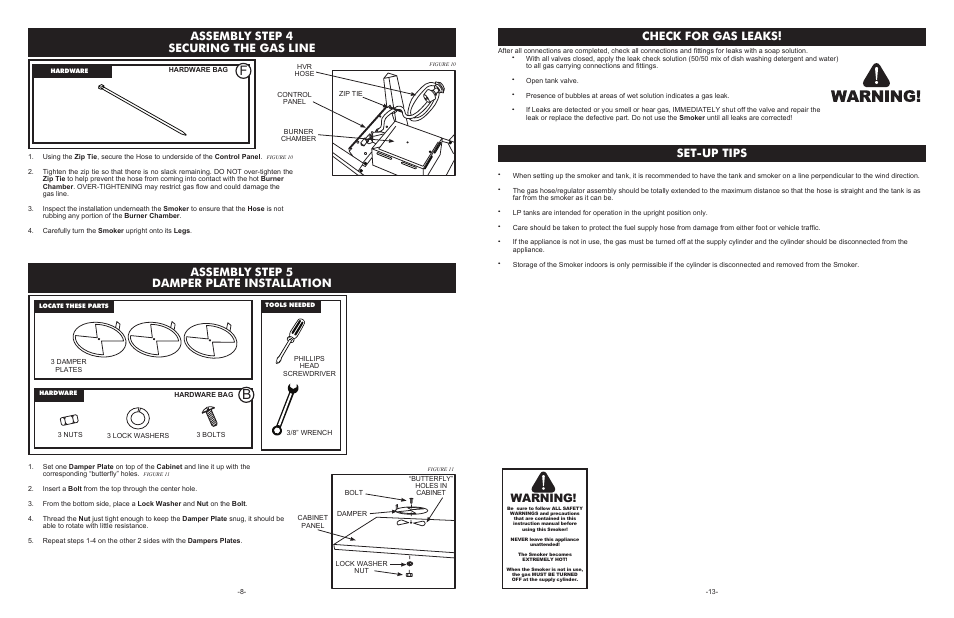 Assembly step 4 securing the gas line, Assembly step 5 damper plate installation, Check for gas leaks! set-up tips | Warning | Weston Outdoor Propane Vertical Smokers User Manual | Page 8 / 10