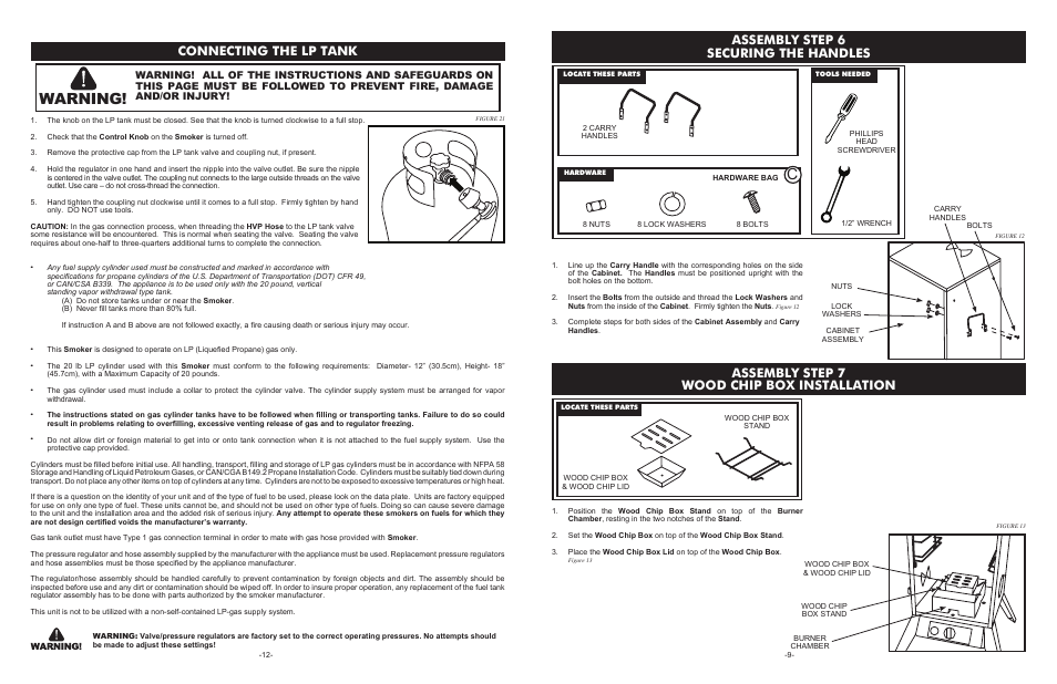 Warning, Assembly step 6 securing the handles, Assembly step 7 wood chip box installation | Connecting the lp tank | Weston Outdoor Propane Vertical Smokers User Manual | Page 9 / 10