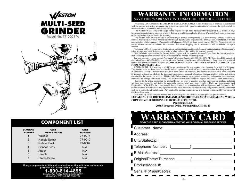 Warranty card, Grinder, Multi-seed | Warranty information, Component list | Weston Multi-Seed Grinder User Manual | Page 2 / 4