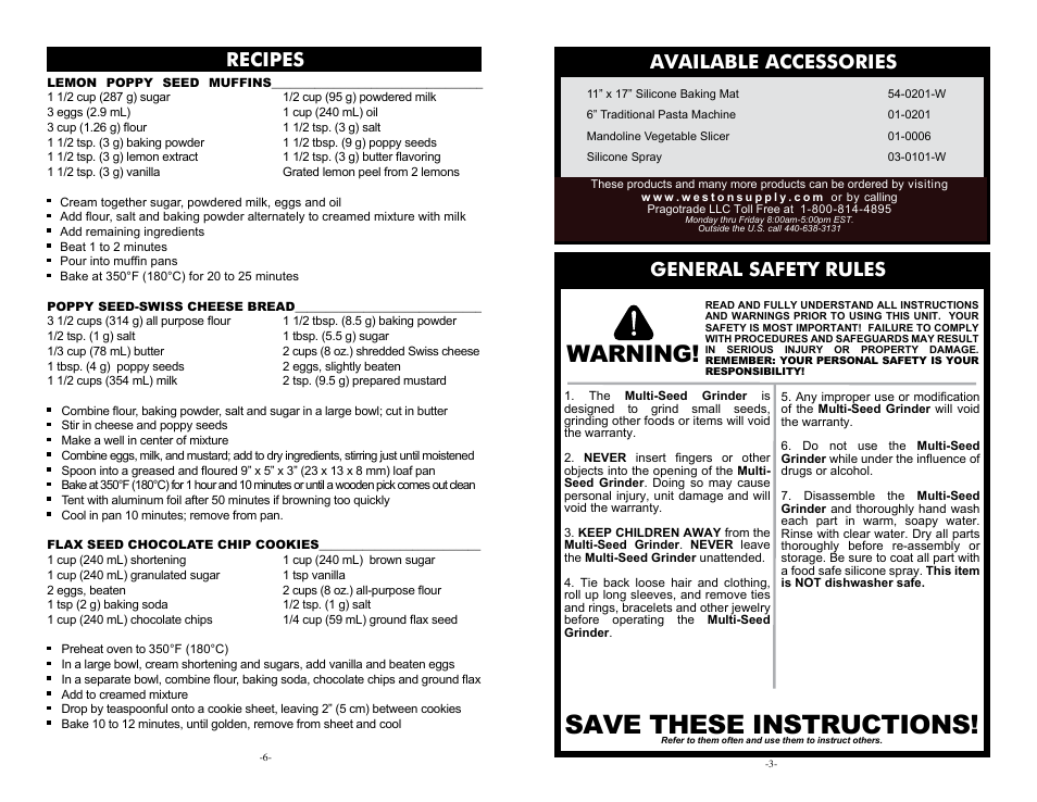 Save these instructions, Warning, Available accessories | General safety rules, Recipes | Weston Multi-Seed Grinder User Manual | Page 3 / 4