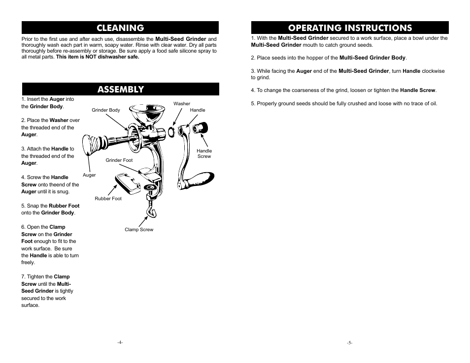 Operating instructions, Cleaning assembly | Weston Multi-Seed Grinder User Manual | Page 4 / 4