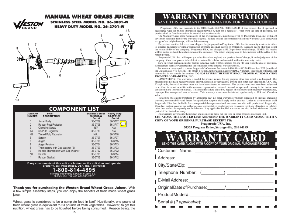 Warranty card, Warranty information, Component list | Manual wheat grass juicer, Save this warranty information for your records | Weston Manual Wheatgrass Juicer User Manual | Page 2 / 4