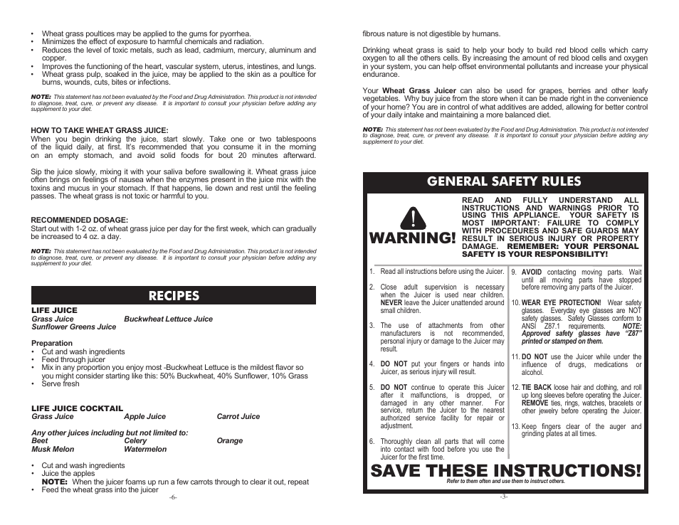 Save these instructions, Warning, Recipes | General safety rules | Weston Manual Wheatgrass Juicer User Manual | Page 3 / 4