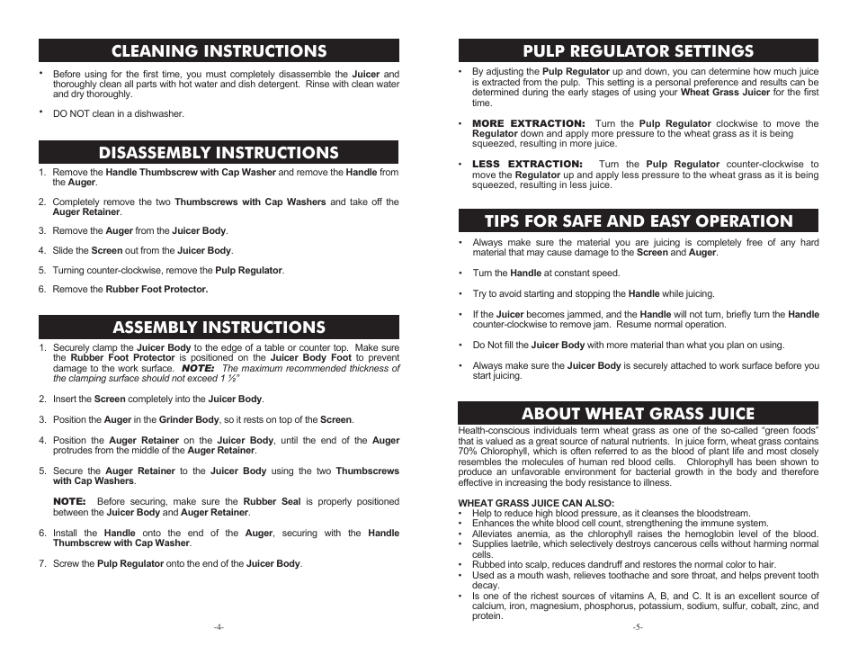 Pulp regulator settings, Assembly instructions, Tips for safe and easy operation | About wheat grass juice, Cleaning instructions disassembly instructions | Weston Manual Wheatgrass Juicer User Manual | Page 4 / 4