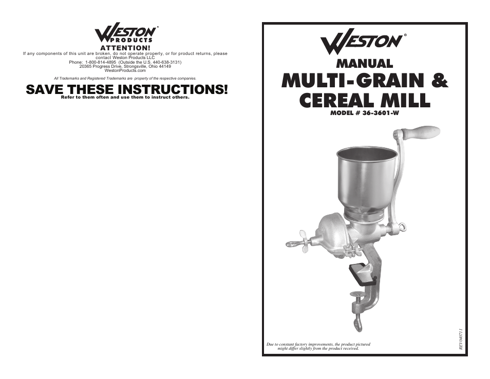 Weston Multi-grain & Cereal Mill User Manual | 4 pages