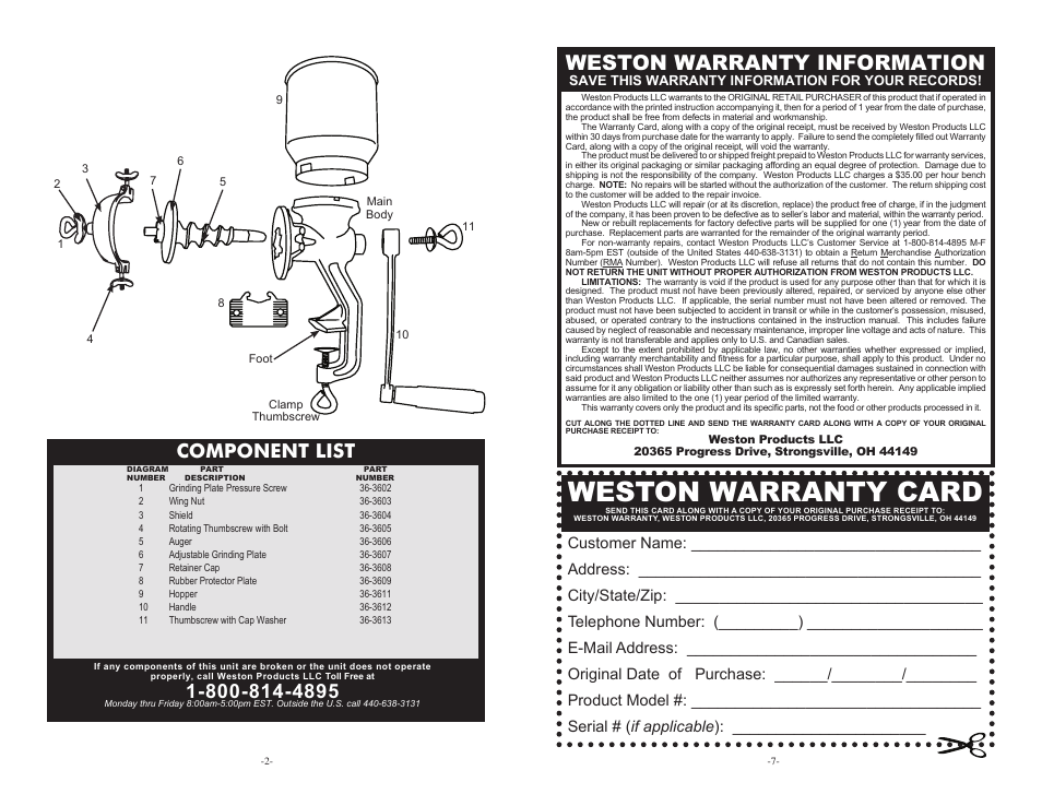 Weston warranty card, Weston warranty information, Component list | Weston Multi-grain & Cereal Mill User Manual | Page 2 / 4