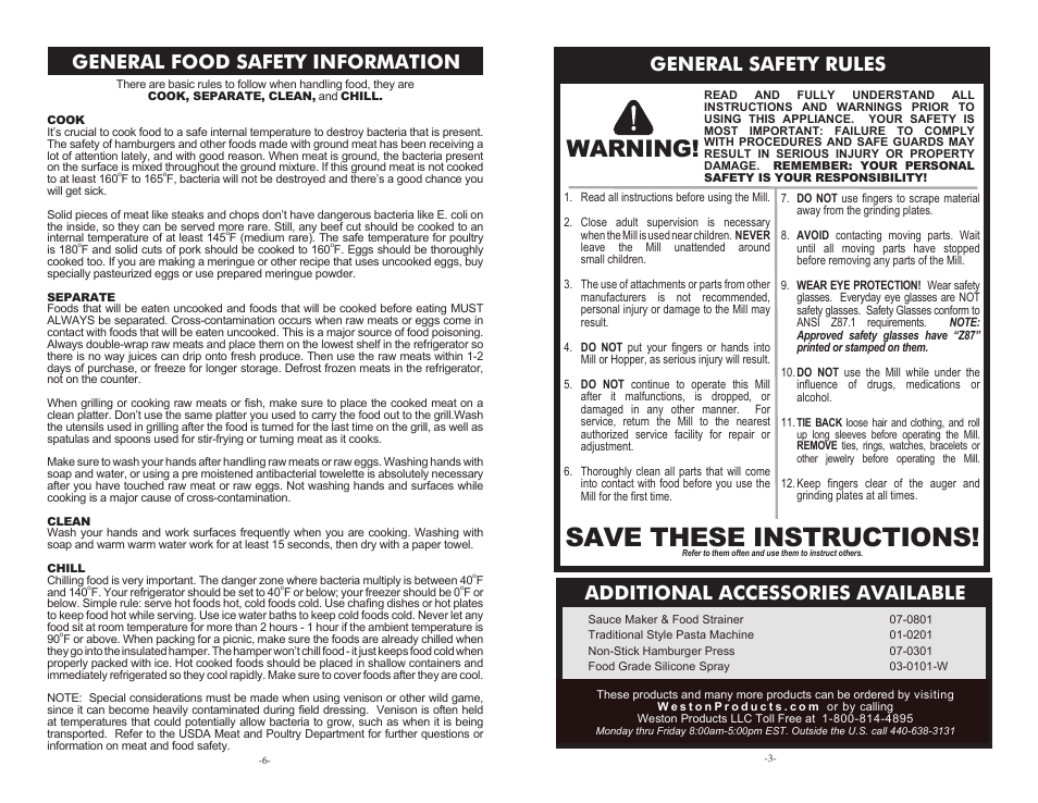 Save these instructions, Warning, General safety rules | General food safety information, Additional accessories available | Weston Multi-grain & Cereal Mill User Manual | Page 3 / 4
