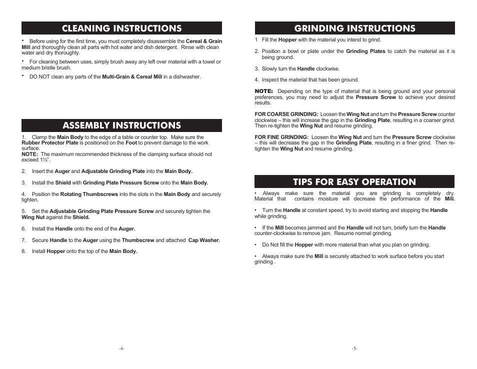 Grinding instructions, Tips for easy operation, Assembly instructions | Cleaning instructions | Weston Multi-grain & Cereal Mill User Manual | Page 4 / 4