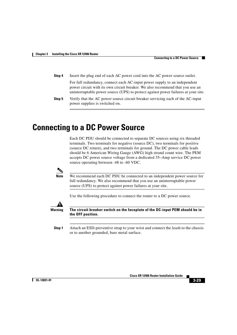 Connecting to a dc power source | Cisco XR 12406 User Manual | Page 117 / 252