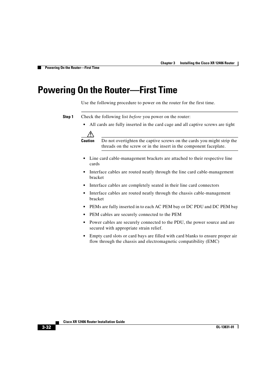 Powering on the router-first time, Powering on the router—first time | Cisco XR 12406 User Manual | Page 120 / 252